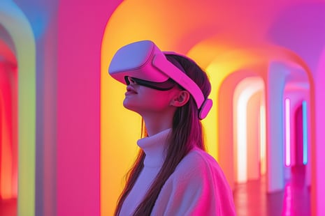 Woman wearing VR headset in colorful space, representing immersive experiential marketing technology.