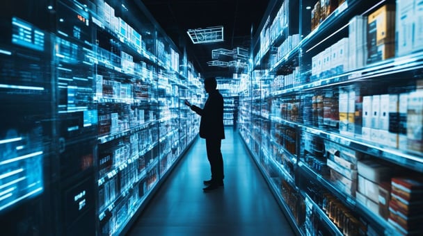 Artificial intelligence in retail transforming shopping with smart shelves, digital tracking, and AI-driven insights.