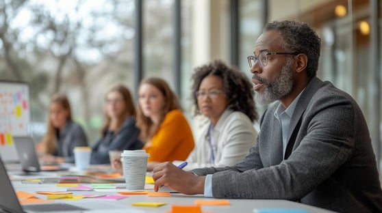 Group brainstorm session at a modern workspace with diverse professionals discussing ideas