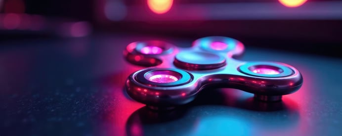 Fidget spinner on a table under neon lights, often used as a classic example in the trend vs fad discussion.