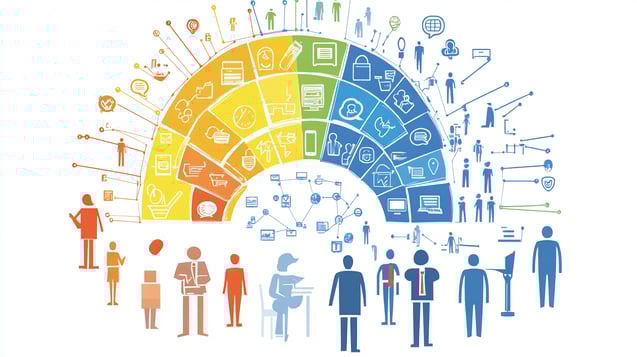 Colorful diagram illustrating diverse customer behaviors and touchpoints in a customer journey map.