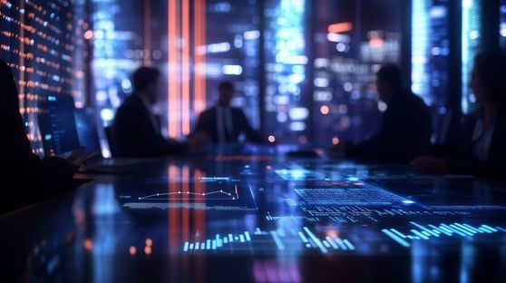 Business people sitting at a table with a computer screen.