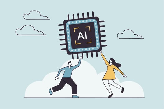 Illustration of people lifting a large AI microchip symbolizing human collaboration in driving the AI revolution.