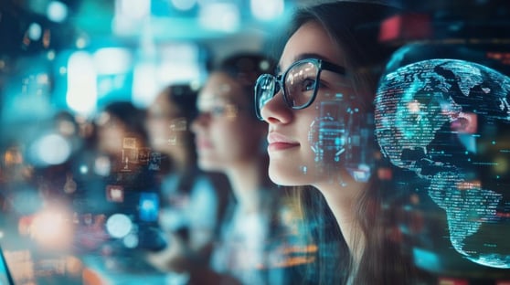 Focused woman in glasses gazes at digital screens displaying data and a globe.