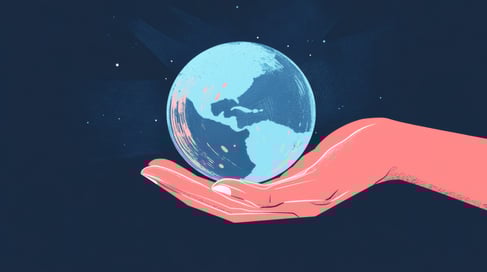 Artistic illustration of a hand holding the Earth symbolizing global reach and community in Web3 marketing.