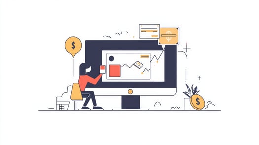 Illustrated concept of building PPC landing pages on a desktop with icons for ads, analytics, and conversion.