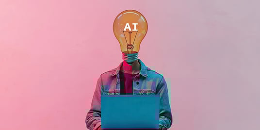 Person with lightbulb head labeled AI working on laptop representing AI business opportunities and innovation.