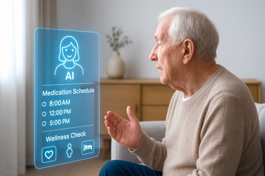 Senior using an AI-powered assistant for health monitoring, showing Web 4.0 use in the evolution of the web.