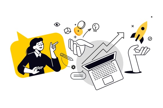 Concept of SEO success with laptop, graphs, and rocket used to visually support the increase of Google rankings.