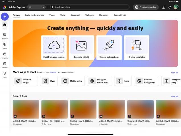 Adobe Express dashboard offering tools to design visuals that support how to create unique content.