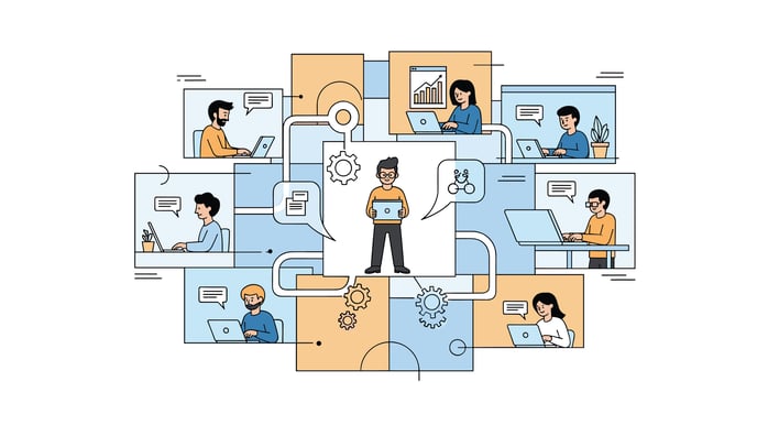 Remote collaboration graphic with gears representing how to manage a remote sales team efficiently.