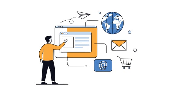 Illustration of digital tools like email, ecommerce, and global reach, exploring if email marketing is still relevant.