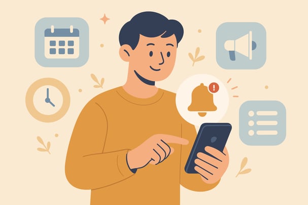 Mobile marketing guide illustration showing a user receiving a push notification on a smartphone.