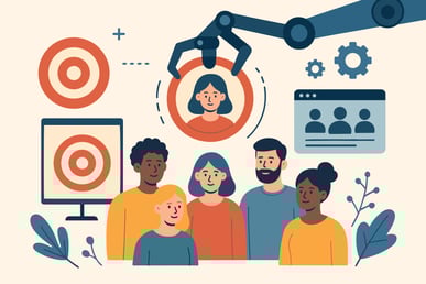 Mobile marketing guide image showing AI-powered audience targeting with diverse personas.