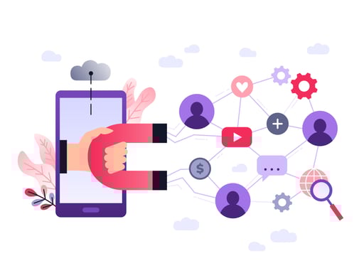 Guide to inbound marketing concept with magnet attracting people, money, video, social media, and search icons.