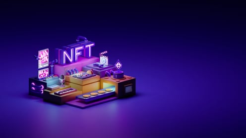 3D digital art of an NFT marketplace with coins and technology elements representing innovative Web3 marketing tools.