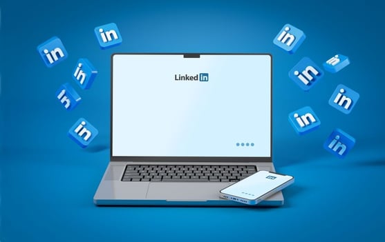 Laptop displaying LinkedIn with floating icons, representing LinkedIn as one of the top b2b advertising platforms.