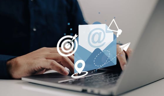 Email marketing icon floating over a laptop, illustrating lead nurturing emails.