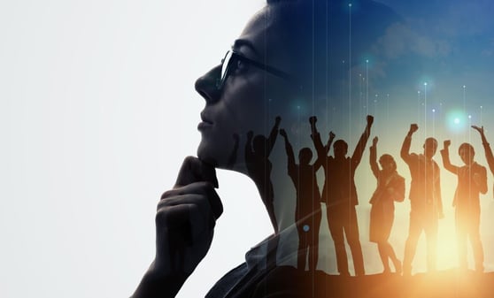 Double exposure of group of multinational businesspeople.