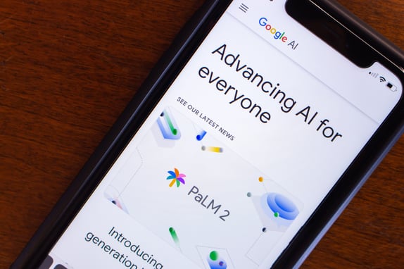 Google AI page displaying PaLM 2, the language model powering a search generative experience.
