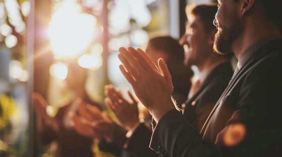 A team clapping for a colleague receiving an award, blurred background