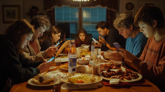 Family using smartphones at dinner highlights the importance of mobile marketing in daily personal interactions.