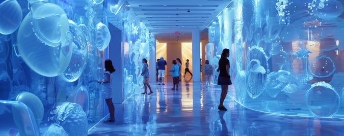 Visitors exploring a vibrant, immersive art installation showcasing innovative experiential marketing design.
