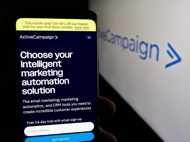 ActiveCampaign mobile site showcasing tools for email marketing for businesses, automation, and customer experience.