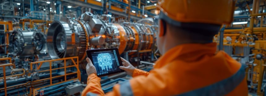 An engineer in an automated factory showing how AI in manufacturing boosts efficiency.