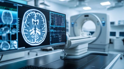 AI in healthcare improving medical imaging, with an advanced MRI scan analyzing brain activity.