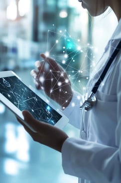 Doctor using a tablet with AI in healthcare, representing digital transformation in medical diagnostics and patient care.