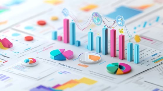 Data visualization of market trends with 3D bar & pie charts, illustrating how to conduct a competitive analysis effectively.