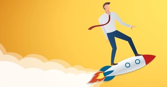 Cartoon man standing on a rocket ship.