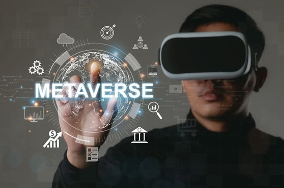 Person using VR headset to explore digital marketing in the metaverse with interactive virtual elements.