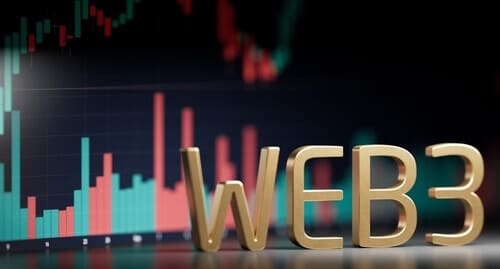 Chart in the background with the text WEB3 in the forefront written in gold.