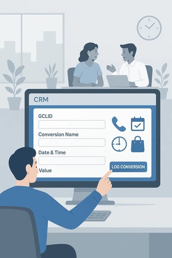 CRM interface logging offline conversions with GCLID, conversion name, and value after customer interaction.
