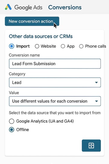 Google Ads conversion settings showing how to import offline conversions from CRM or other data sources.