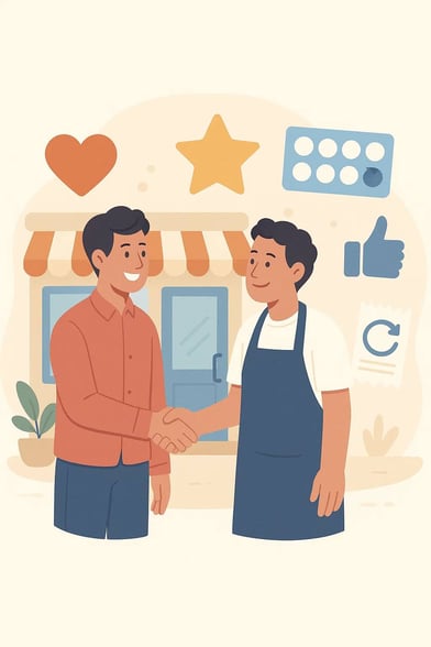 Illustration of a customer and a business owner shaking hands, showing the impact of customer loyalty in local retail.