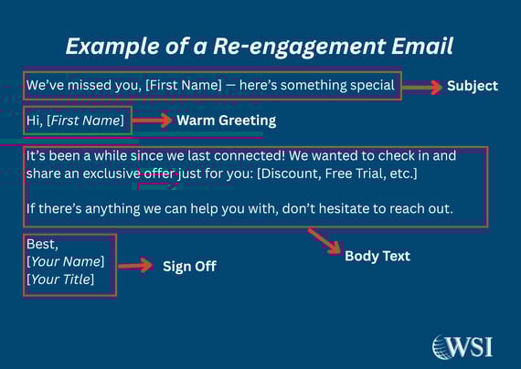 Re-engagement lead nurturing emails example with subject, greeting, exclusive offer, body text, and sign-off layout.