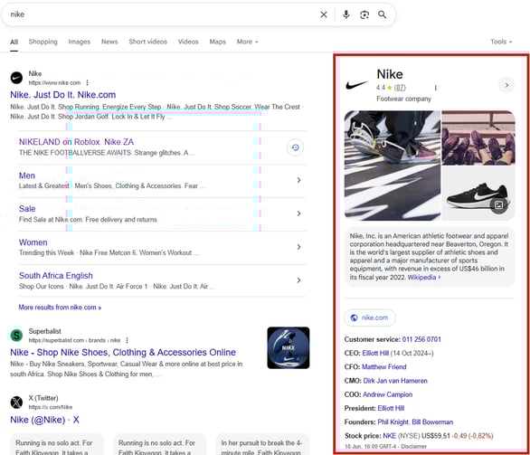 Google zero click search example with Nike's knowledge panel showing key business information.