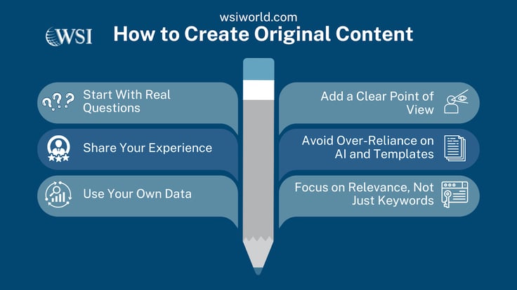Infographic with tips on how to create unique content, including sharing experiences and avoiding template overuse.