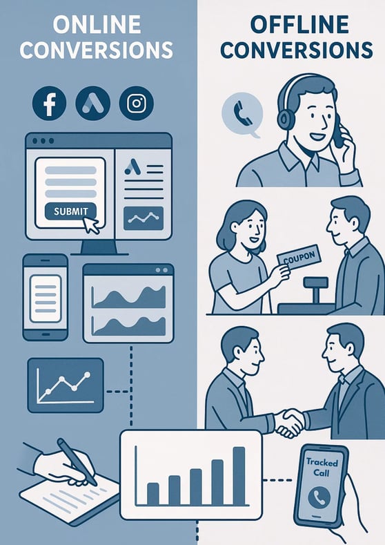 Visual comparison of online and offline conversions, including form submissions, phone calls, and in-store interactions.