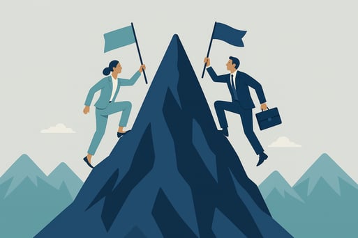Illustration of professionals climbing a mountain to place flags, showing how competition is good for business growth.