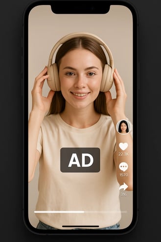 TikTok in-feed video ad example with a young woman using headphones, part of a guide to TikTok ads.