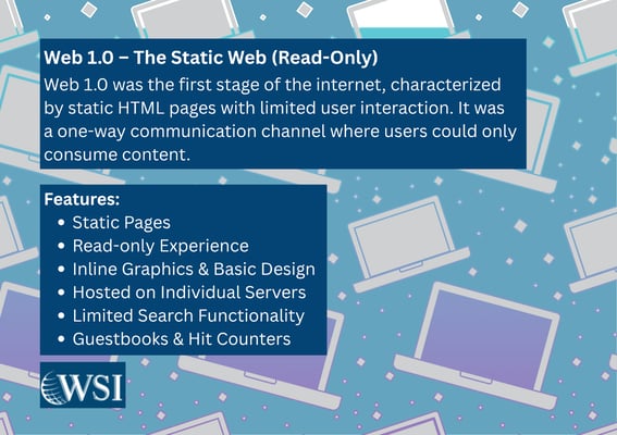 Web 1.0 static web graphic by WSI summarizing features of the first stage in the evolution of the web.