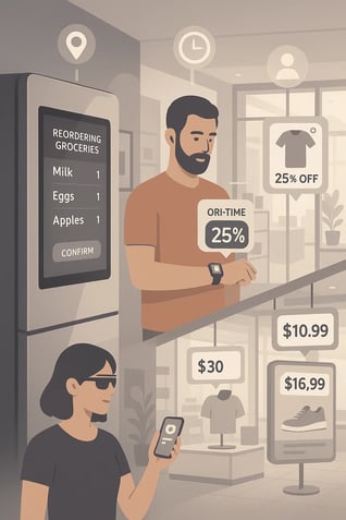 Shoppers use smart devices and real-time offers in-store, showing contextual commerce in the evolution of the web.