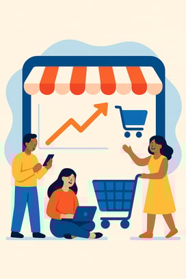 Illustration of people shopping online with growth chart, symbolizing ecommerce trends in conversion optimization.