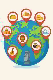 Globe with location pins of cultural icons and foods, representing ecommerce trends in hyper-localization.