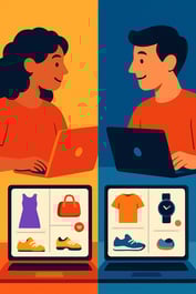 Two people viewing different products online, illustrating AI-powered personalization in ecommerce trends.