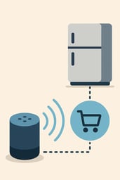 Voice assistant linked to smart fridge for shopping, representing voice and IoT commerce in ecommerce trends.